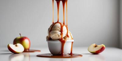Caramel apple ice cream with apple slices and caramel drizzle. photo