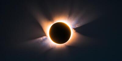 stunning view of solar eclipse with moon partially covering the sun casting orange glow on dark night sky. photo