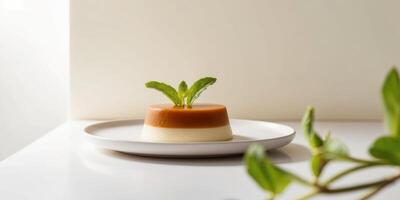 Caramel Flan Dessert with a Mint Garnish. photo