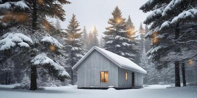 Cozy Winter Cabin Surrounded by Snow and Pines. photo