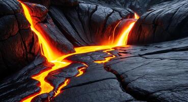 Molten Lava Flowing Through Cracks in a Rock Formation. photo