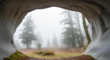 A Foggy Forest View Through a Rock Archway. photo