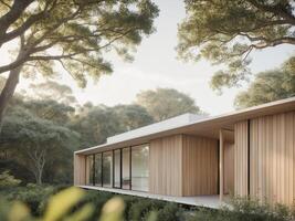 Contemporary wooden house with large glass windows in a serene natural setting during daytime. photo