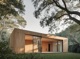 Contemporary wooden house with large glass windows in a serene natural setting during daytime. photo