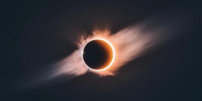 stunning view of solar eclipse with moon partially covering the sun casting orange glow on dark night sky. photo