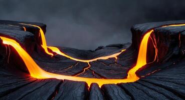 Glowing Lava Flowing Through Cracks in Dark Rock. photo