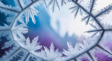 Frozen Ice Crystals Form a Natural Frame on a Blue and Purple Background. photo