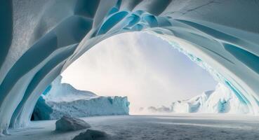 An Upward View of a Glacial Ice Cave with Light Streaming In. photo