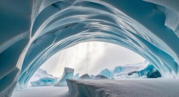An Upward View of a Glacial Ice Cave with Light Streaming In. photo