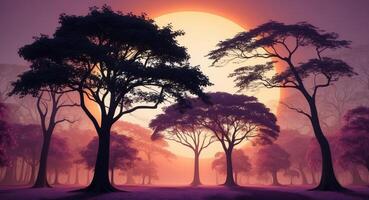 Silhouetted Trees and Foliage with a Glowing Sun in a Purple and Orange Forest. photo