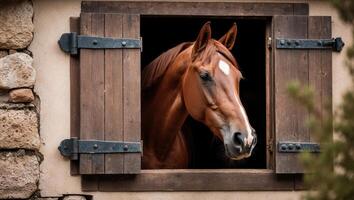 Brown horse looking curiously from stable window. photo