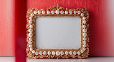 Golden Ornate Frame with Pearls on Red Background. photo