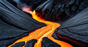 Molten Lava Flowing Through Cracks in Black Rocks. photo