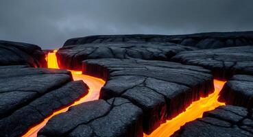 Glowing Lava Flowing Through Cracks in Dark Rock. photo