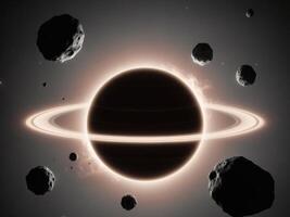 Glowing planet with fiery rings and surrounding asteroids. photo
