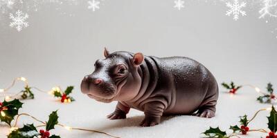 Playful Pygmy Hippo in Festive Winter Scene. photo