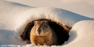 Groundhog Emerging from Snowy Burrow in Golden Light. photo