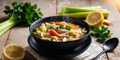 Hearty Chicken Noodle Soup with Carrots and Celery in a Black Bowl Surrounded by Fresh Ingredients on a Rustic Table. photo