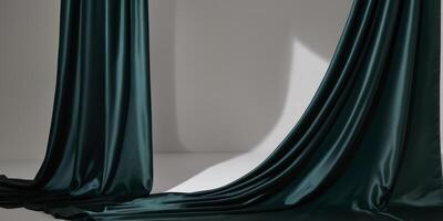 Luxurious dark green fabric background with elegant silk folds creating a sense of opulence and sophistication. photo