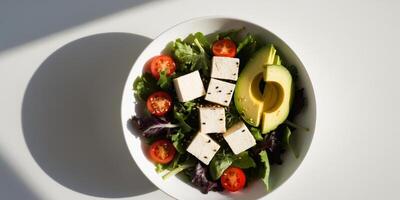 Delicious vegan tofu salad bowl kitchen recipe inspiration healthy eating top view culinary creativity. photo