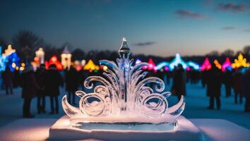 Intricate Ice Sculpture Shines With Colorful Lights at Winter Festival. photo