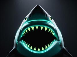 Glowing neon shark opening its jaws on dark background. photo