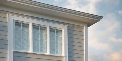 house with light gray siding and a large front window with white trim and closed blinds. photo