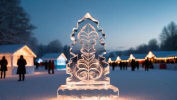 Intricate Ice Sculpture Shining Brightly at a Winter Festival With Colorful Illumination. photo