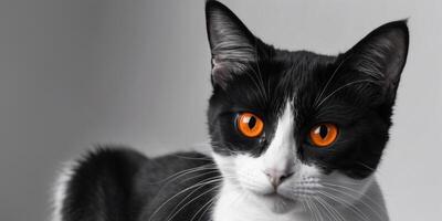 Curious Black and White Cat with Bright Orange Eyes. photo