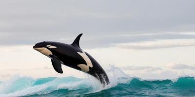 Orca Leaping from the Ocean Waves Under a Cloudy Sky. photo
