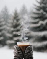 Hot Beverage Warms Hands in Snowy Landscape With Blurred Trees and Rising Steam. photo