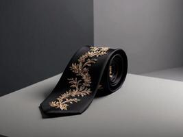 elegante negro Corbata con oro bordado un toque de sofisticación para formal ocasiones y negocio eventos. foto