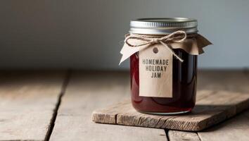 Homemade Holiday Jam in a Jar With Kraft Label and Twine Bow on a Wooden Counter. photo