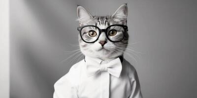 Intellectual cat with glasses bow tie on grey background. photo