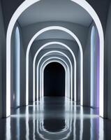 Illuminated futuristic corridor with glowing arches and a reflective floor. photo
