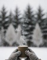 Hot Beverage Warms Hands in Snowy Landscape With Blurred Trees and Rising Steam. photo