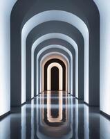 Illuminated futuristic corridor with glowing arches and a reflective floor. photo