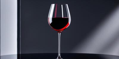 Elegant red wine glass on reflective surface with dark background. photo