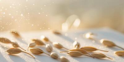 Golden Oats Sprinkled in Sunlight Creating a Fresh Atmosphere. photo