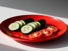 Fresh cucumber and tomato slices on red plate. photo