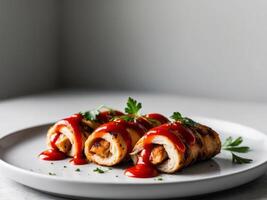 Grilled Chicken Rolls with Red Sauce - Appetizer Recipe. photo