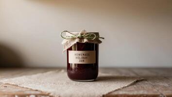 Homemade Holiday Jam in Jar With Kraft Label and Twine Bow on Wooden Counter. photo