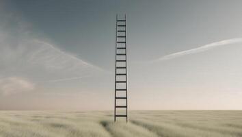 Infinite ladder reaching toward the sky amidst a vast open field. photo