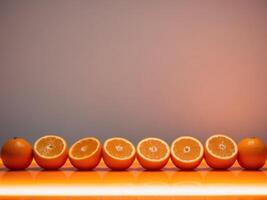 Freshly squeezed oranges sit side by side on a vibrant orange surface. photo