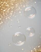 Enchanting Background of Floating Bubbles with Golden Glitter Effect. photo