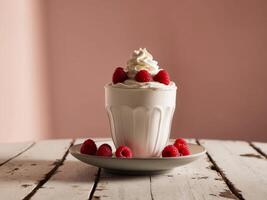 Delicious milkshake topped with whipped cream and raspberries on a rustic wooden table with a pink background. photo