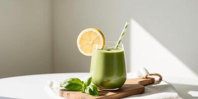 Green smoothie with lemon and basil garnish on wooden board. photo