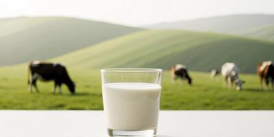 Glass of fresh milk with cows grazing in background. photo