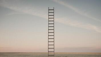 Infinite ladder reaching toward the sky amidst a vast open field. photo