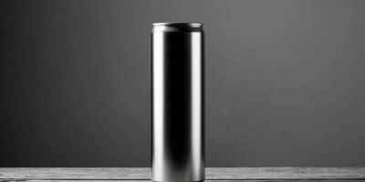 Long Exposure Capture of a Tall Metallic Can on Wooden Surface with Dark Background for Stunning Visuals. photo